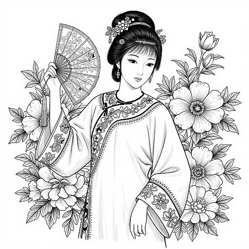 Black-and-white digital line drawing of an elegant Asian woman with an updo, wearing a traditional kimono, holding a fan, surrounded by large flowers