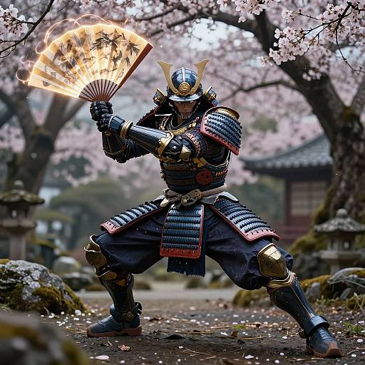 Photograph of a samurai warrior in full armor, wielding a flaming fan, standing amidst cherry blossom trees, traditional Japanese garden background.