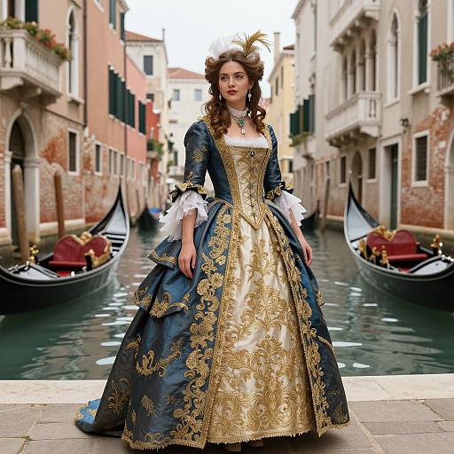 Photograph of a fair-skinned woman in an elaborate, gold-embroidered blue Renaissance gown, standing in a Venetian canal with g