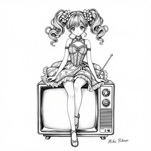Black and white digital drawing of a cute anime girl with twin pigtails, sitting on an old TV, wearing a frilled dress and holding a