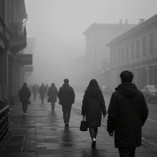 Black-and-white photograph of foggy urban street, people in winter coats walking away, wet pavement, misty background, silhouettes, overcast