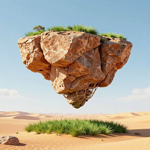 Photorealistic CGI of a floating rocky island with green grass and small trees, suspended above a sandy desert landscape.
