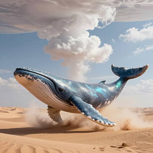 Photorealistic CGI of a giant blue whale with glowing patterns leaping out of a sandy desert under a bright, cloudy sky.