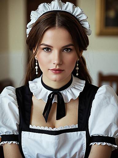 Photograph of a young woman with fair skin, brown hair, and blue eyes, wearing a traditional black and white French maid outfit with lace trim,