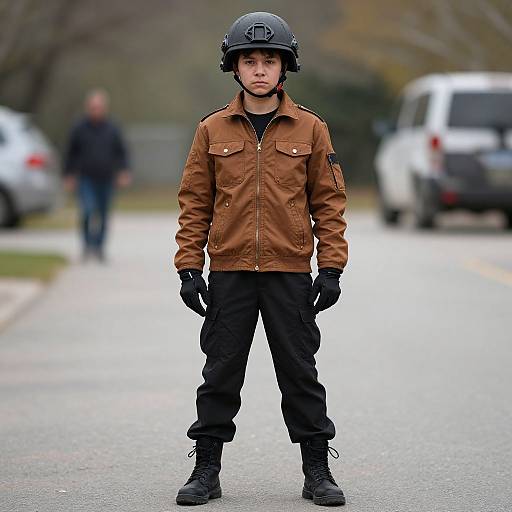 Photograph of a young boy in a black helmet, brown jacket, black pants, gloves, and boots standing on a suburban street. Blurred background