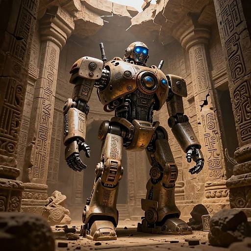 Photorealistic CGI of a glowing blue-eyed, metallic robot standing in a crumbling, ancient temple with Egyptian-style pillars and hieroglyphs.
