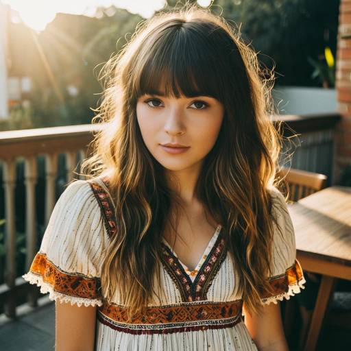 Young Woman with Textured Bangs in Bohemian Dress