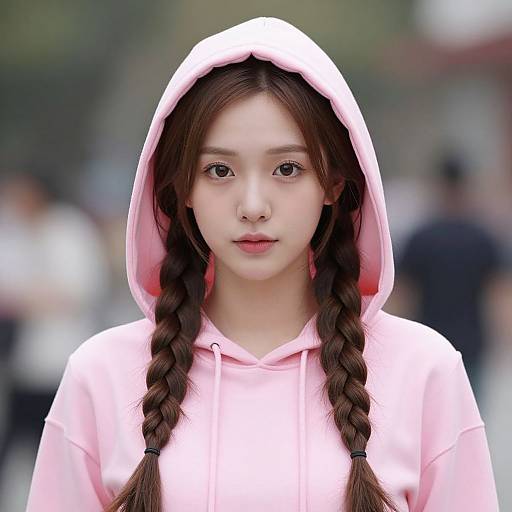 Photograph of an Asian teenage girl with long braided brown hair, wearing a pink hooded sweatshirt, standing in a blurred outdoor background.