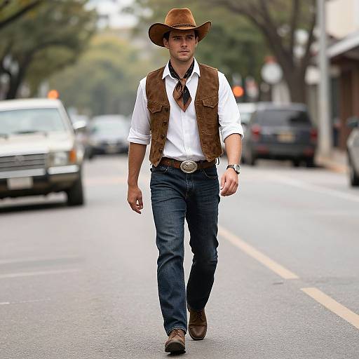 Photograph of a young Caucasian man in a brown cowboy hat, white shirt, brown vest, dark jeans, and brown boots, walking down a street
