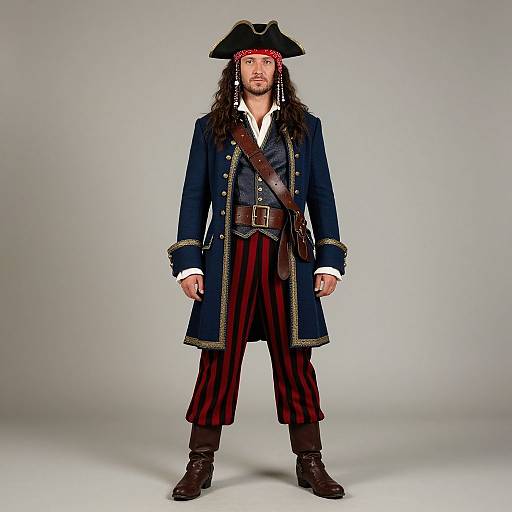 Photograph of a man in 18th-century pirate attire: black tricorn hat, navy coat with gold trim, red-striped pants, brown boots