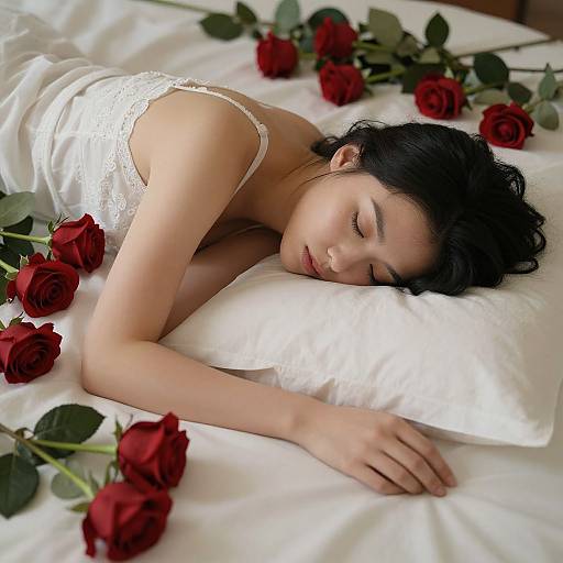Peaceful Woman on Rose-Adorned Bed