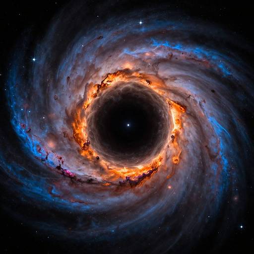 Photograph of a bright, swirling galaxy with a fiery orange core, surrounded by blue and purple nebulous clouds, set against a dark starry background