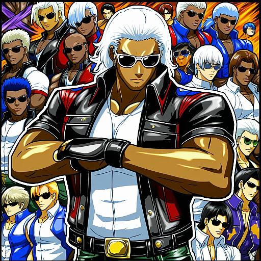 Illustration of K' (kof), the king of fighters in the style of Machismo fuji