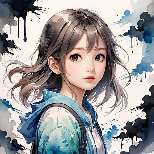 Kawaii Girl in Poetic Ink Wash