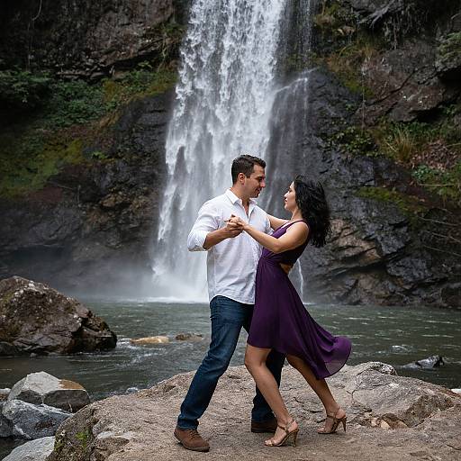Photograph of a couple dancing in front of a waterfall; man in white shirt, blue jeans; woman in purple dress, heels. Rocky, forest
