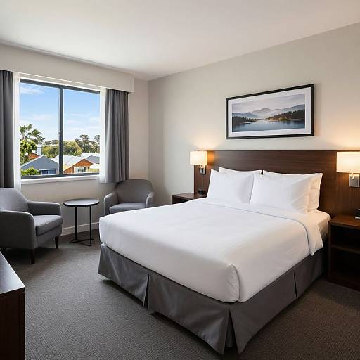 Photograph of a modern hotel room with a king-sized bed, white linens, dark headboard, two lamps, gray armchairs, small