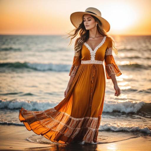 Woman in Maxi Dress at Beach Sunset