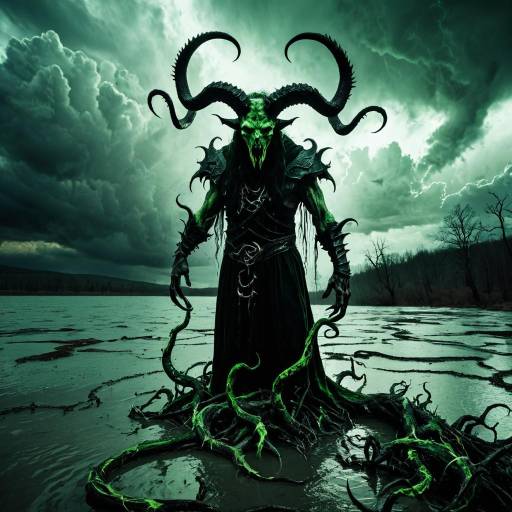 Dark Sorcerer with Demonic Horns and Shadowy Tendrils