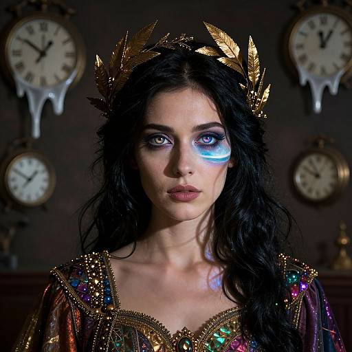 Photograph of a pale-skinned woman with black wavy hair, wearing a gold laurel crown, glowing blue eye makeup, and a colorful,