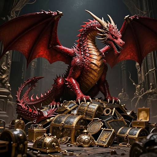 Digital artwork of a fierce red dragon with golden underbelly, standing on a pile of golden treasure in a dark, medieval castle.