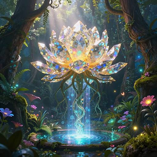 Fantastical digital artwork of a glowing, multicolored lotus flower with cascading water and ethereal lights, surrounded by vibrant forest flora.