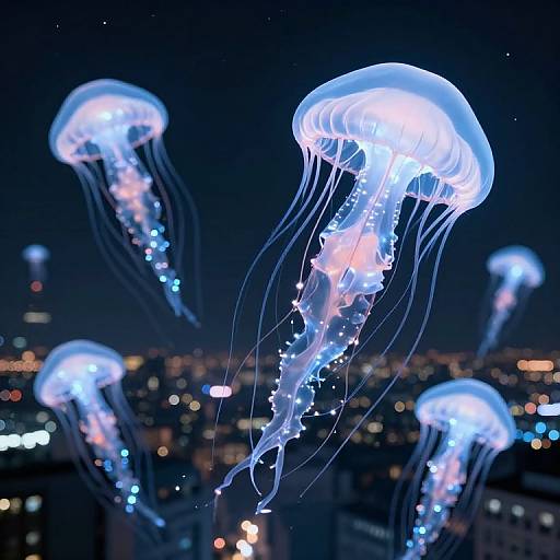 Photograph of glowing, blue and pink jellyfish floating against a dark, city-lit night sky, with blurred urban lights in the background.