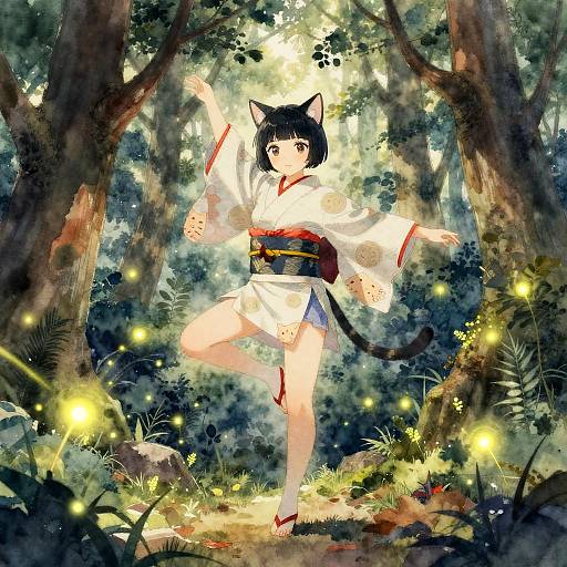 Anime-style digital illustration of a cat-eared girl in a white kimono, standing on one leg in a forest, surrounded by glowing fireflies and