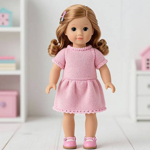 Photograph of a doll with brown, wavy hair, wearing a pink knit dress, pink shoes, and a hair clip, standing in a bright