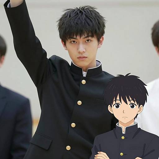Young Man in Black School Uniform with Anime Character