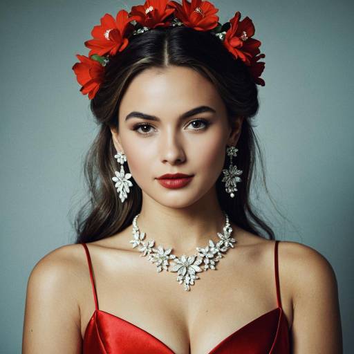 Elegant Woman with Red Flower Crown and Jewelry