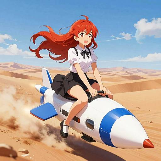 Anime Girl Riding Futuristic Rocket in Desert