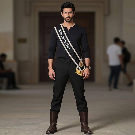 Photograph of a bearded man with dark skin, black long-sleeve shirt, black pants, brown boots, and a white sash with