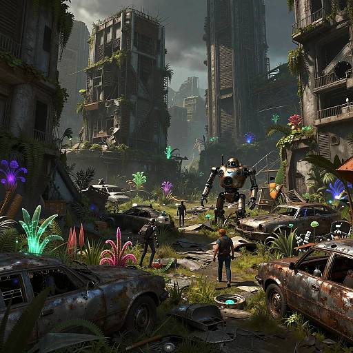 Cyberpunk ruins scene: glowing bioluminescent plants, abandoned cars, a giant mecha, and small figures exploring a dilapidated,