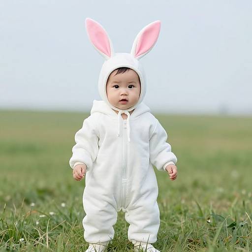 Photograph of a baby in a white bunny onesie with pink rabbit ears, standing on green grass against a blurred, bright sky background.