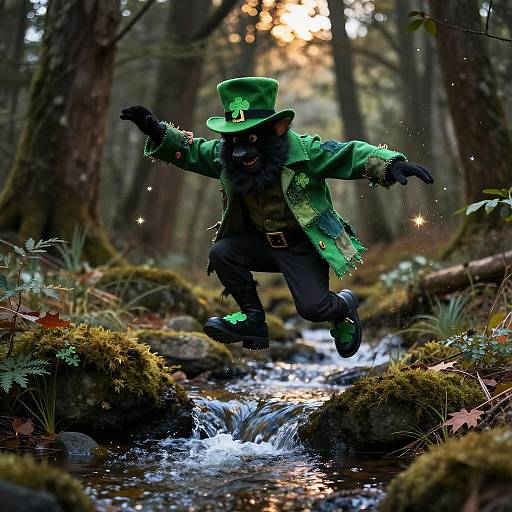 Photograph of a leaping, green-clad leprechaun with top hat, black beard, and sparkles, mid-jump over a