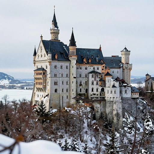 Photograph of Neuschwanstein Castle, a fairytale-like, white, turreted castle with black roofs, set amidst snowy, forest