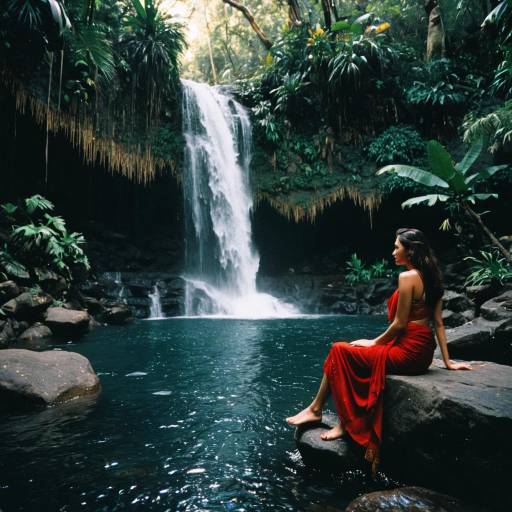 Woman in Red Sarong by Jungle Waterfall