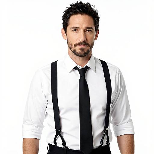 Photograph of a handsome, bearded man with dark hair, wearing a white shirt, black tie, and black suspenders against a white background.