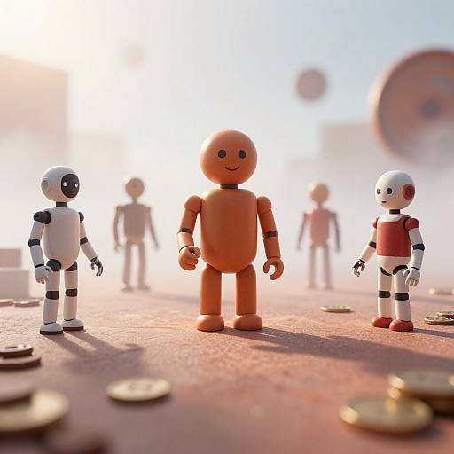 Photograph of three toy robots with white and orange heads, standing on a textured surface with scattered coins, backlit by bright sunlight. Blurred robotic