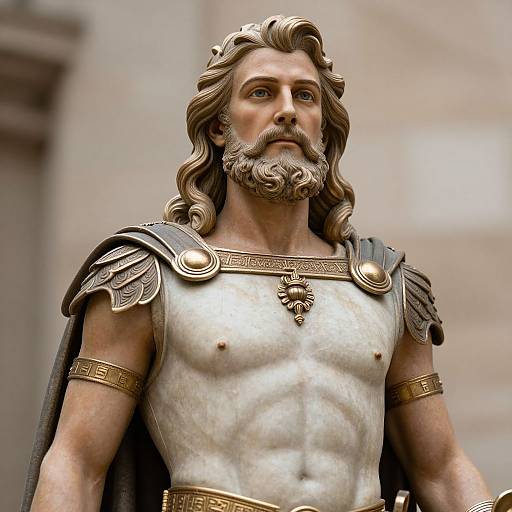 Digital artwork of a muscular, bearded man with wavy hair, wearing ancient Roman-style armor with gold accents and a dark cape.