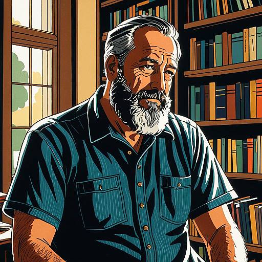 Middle-aged Man in Sunlit Library Illustration