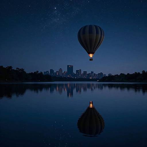 Photograph of a night sky with a glowing hot air balloon above a reflective lake, city skyline in the background.