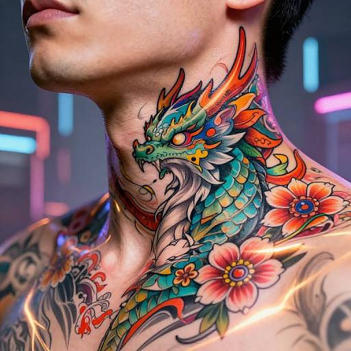 Photograph of a tattooed Asian man, close-up, showing vibrant, colorful dragon tattoo with flowers on his neck and upper chest. Neon-lit