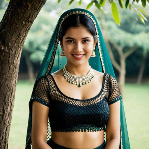 Smiling Woman in Netted Half Saree with Jewelry