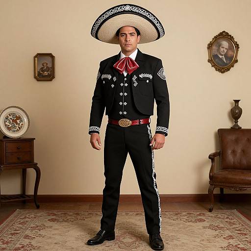 Photograph of a man in a black Mexican charro suit, wide-brimmed sombrero, red ribbon, standing in a traditional room with antique
