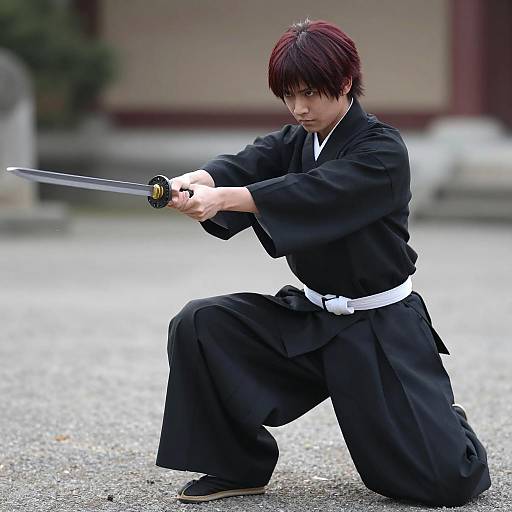 Young Man Practicing Katana Sword Pose