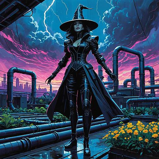 Futuristic Cyberpunk Witch on Industrial Rooftop
