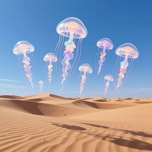 Photograph of glowing jellyfish floating above a sandy desert under a clear blue sky, casting soft shadows on the undulating sand.