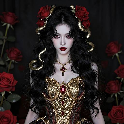 Digital gothic art of pale woman with long black hair, red roses, gold ornate corset, red gemstone necklace, black background.