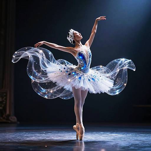 Photograph of a ballerina in a shimmering, white tutu with blue accents, pointe shoes, and translucent, flowing fabric, poised